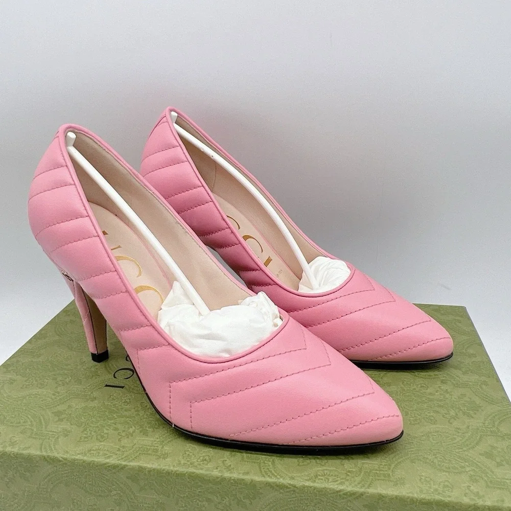 Gucci Chevron Matelasse mini Double G Logo Heel Pumps Pink Leather EU 37.5 - NEW - Picture 5 of 15